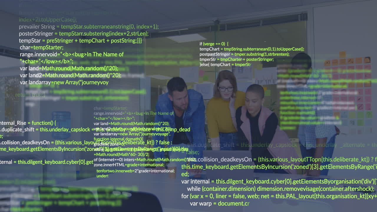 Animation of computer language over diverse coworkers discussing reports over laptop in office