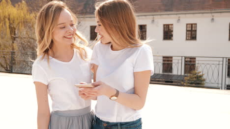 two happy women looking at a phone