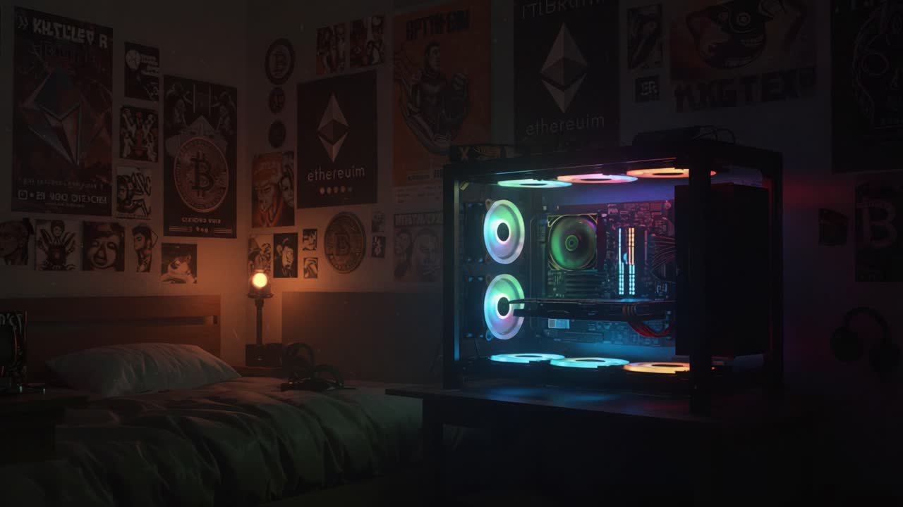 A Striking Look at a Modern Bedroom Featuring a High-Tech Gaming PC Setup with Dynamic RGB Lighting and Cryptocurrency-Inspired Wall Art