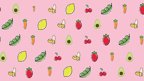 animation of diverse cartoon food floating on pink background