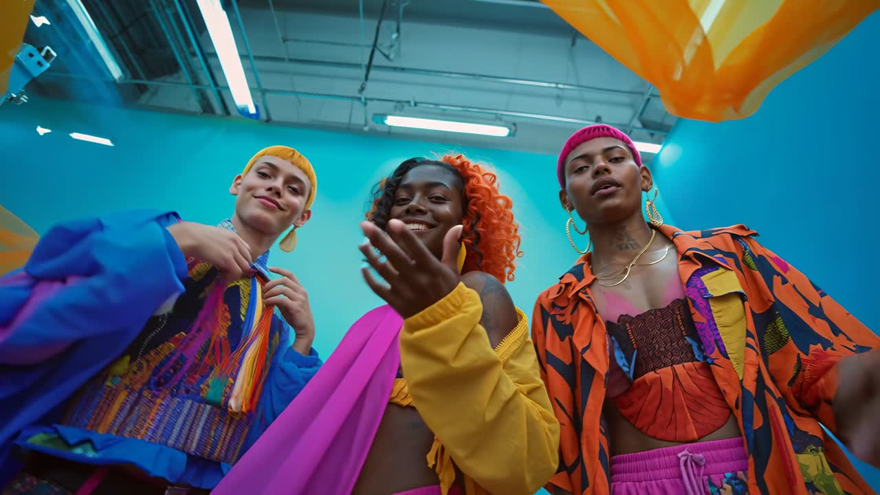 Drie bewegende vrouwelijke modellen poseren in een turquoise decor, terwijl een ventilator buiten beeld oranje stof omhoog tilt, wat gedurfde outfits onthult.
