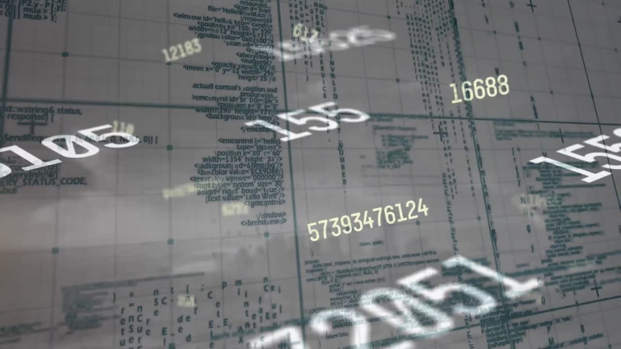 Animation of changing numbers over grid pattern against computer language against cloudy sky