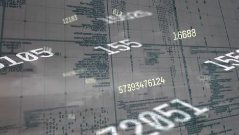 Animation of changing numbers over grid pattern against computer language against cloudy sky