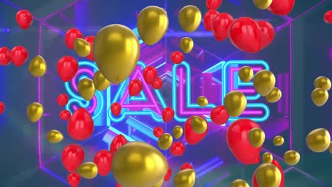 animación de venta de texto de neón rosa y azul, sobre túnel de neón reflectante, con globos rojos y dorados