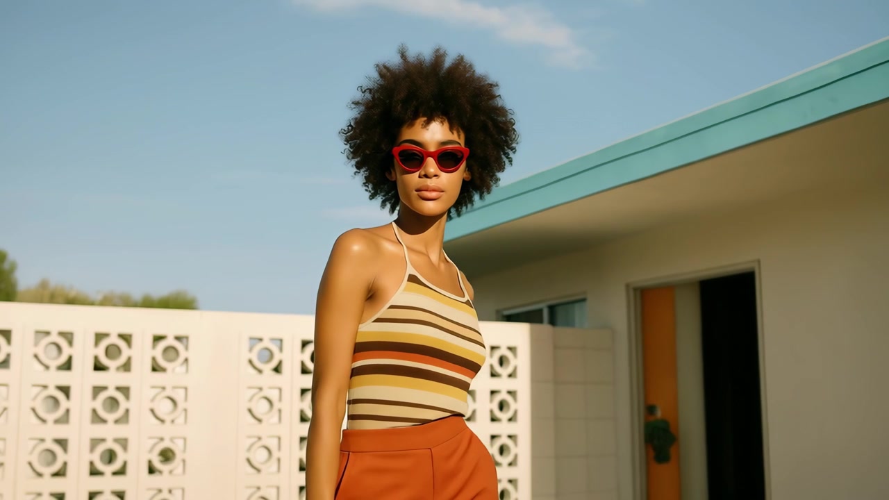 Stylish Young Woman with Afro Posing in Retro Outfit Outdoors