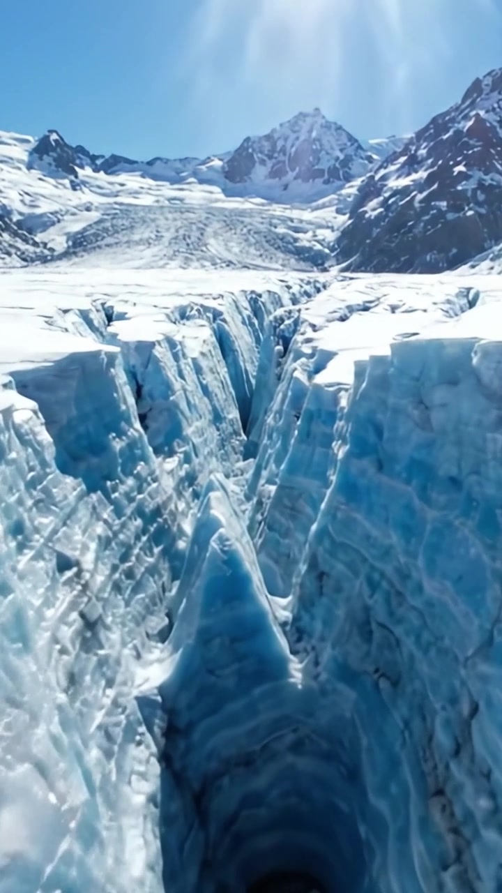 Una Vista Aerea Mozzafiato di un Sereno Crepaccio Glaciale Circondato da Maestose Montagne Innevate Sotto Cieli Azzurri e Limpidi, che Cattura l'Arte e la Potenza della Natura