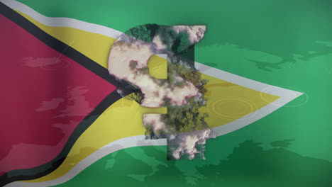 währungssymbol und wirtschaftswachstums-animation über der guyana-flagge