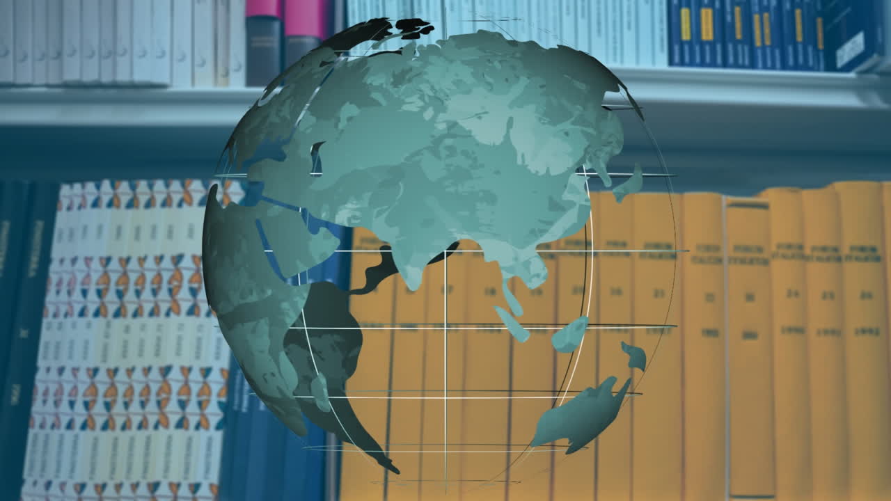 Animation of spinning globe icon against book shelf