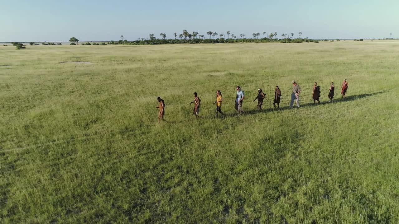 4k воздушный зум на группу туристов на прогулке в кустах с людьми сан/бушманами в традиционной одежде на лугах макгадикгади, ботсвана