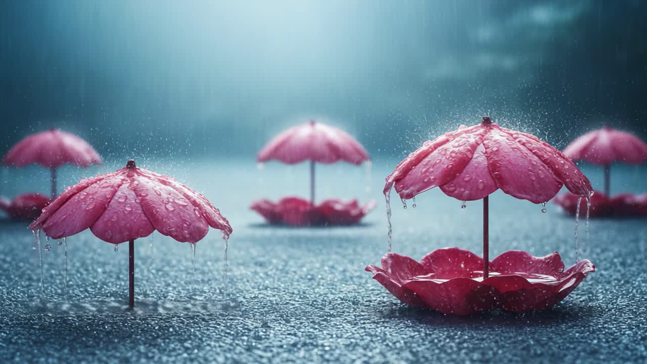 A Charming Display of Pink Umbrellas in the Rain: Captivating Raindrops Cascade from Petal-Like Canopies on a Gloomy Day, Creating a Dreamy Atmosphere