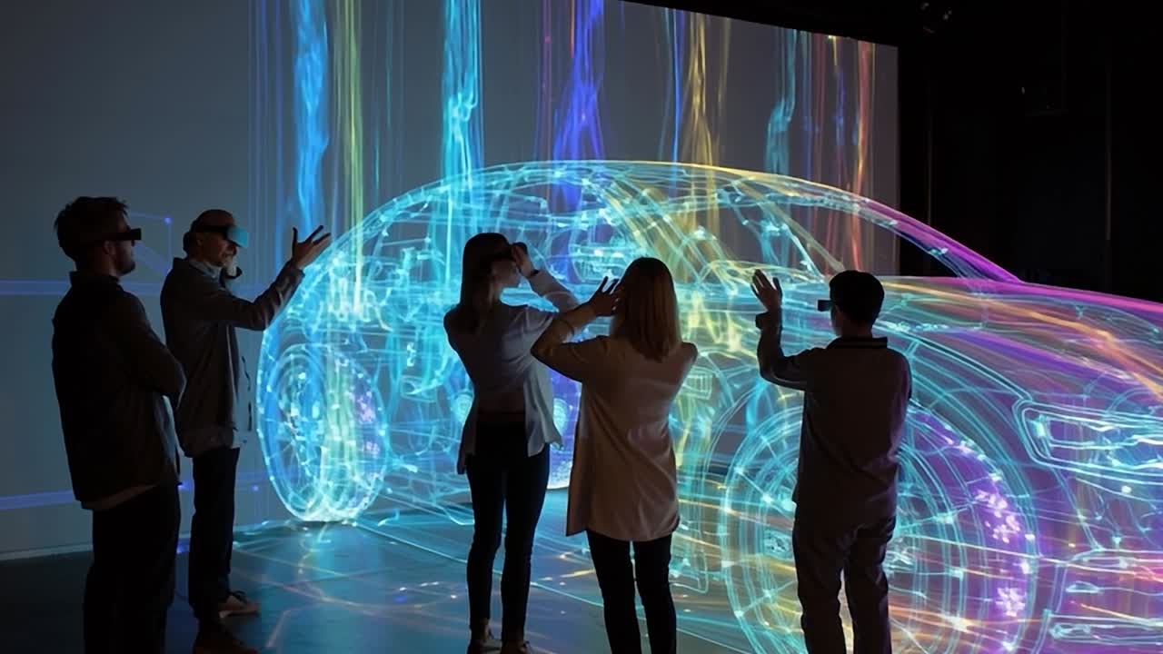 Visitors explore a holographic car display at a technology exhibition