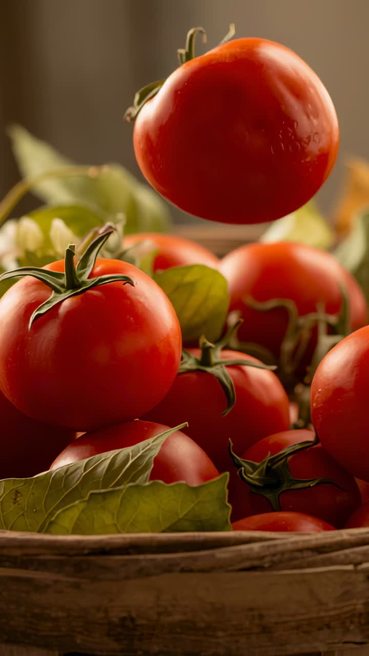 Vertical video: Dropping ripe red tomato into wooden basket in kitchen, bouncing among green leaves