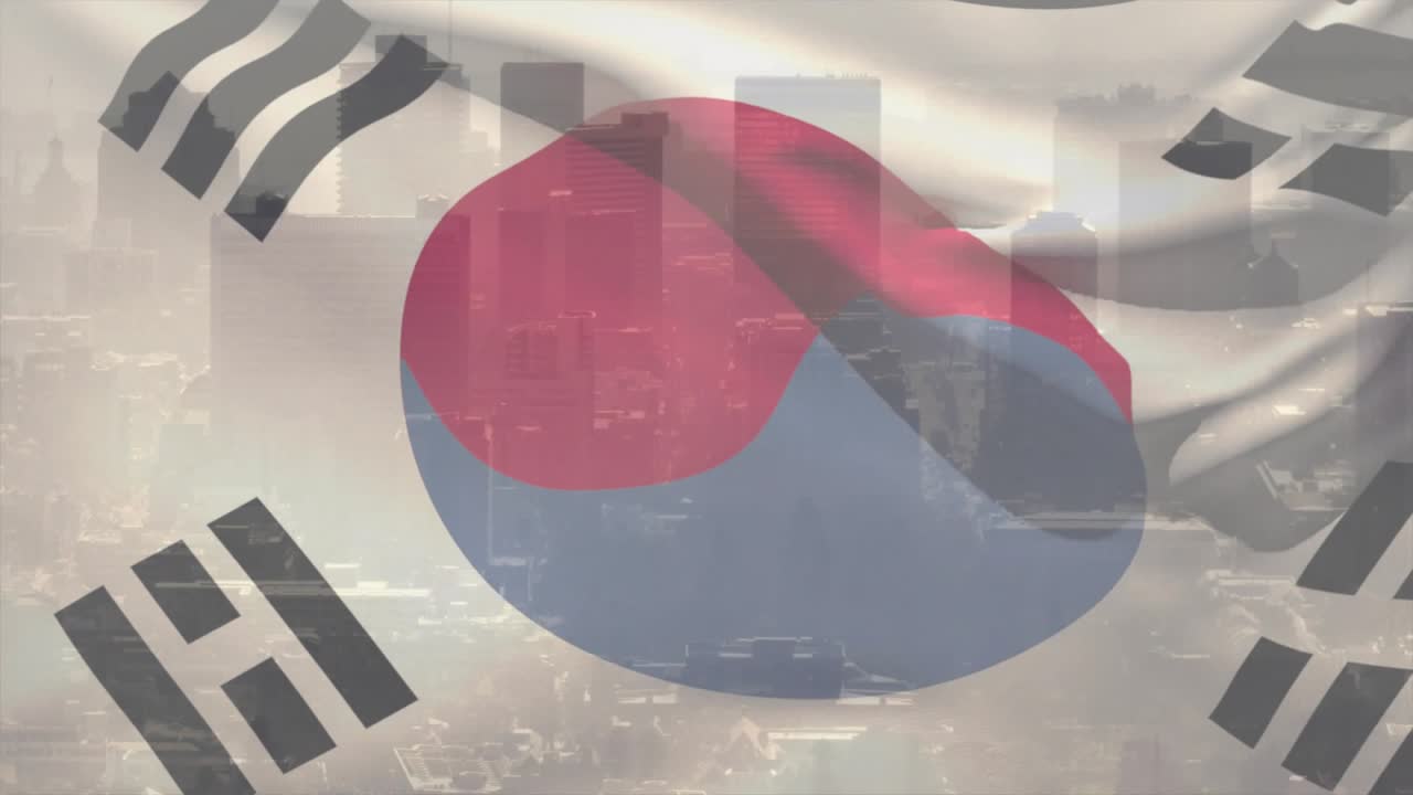 On scene start Taegukgi filling frame, rippling and shifting taegeuk while muting skyline for TV