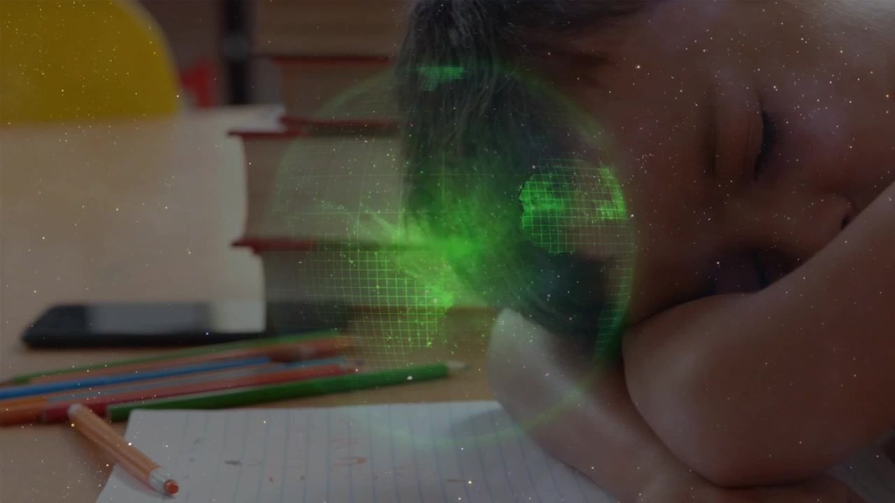 Young Student Sleeping at Desk with Digital Globe Overlay