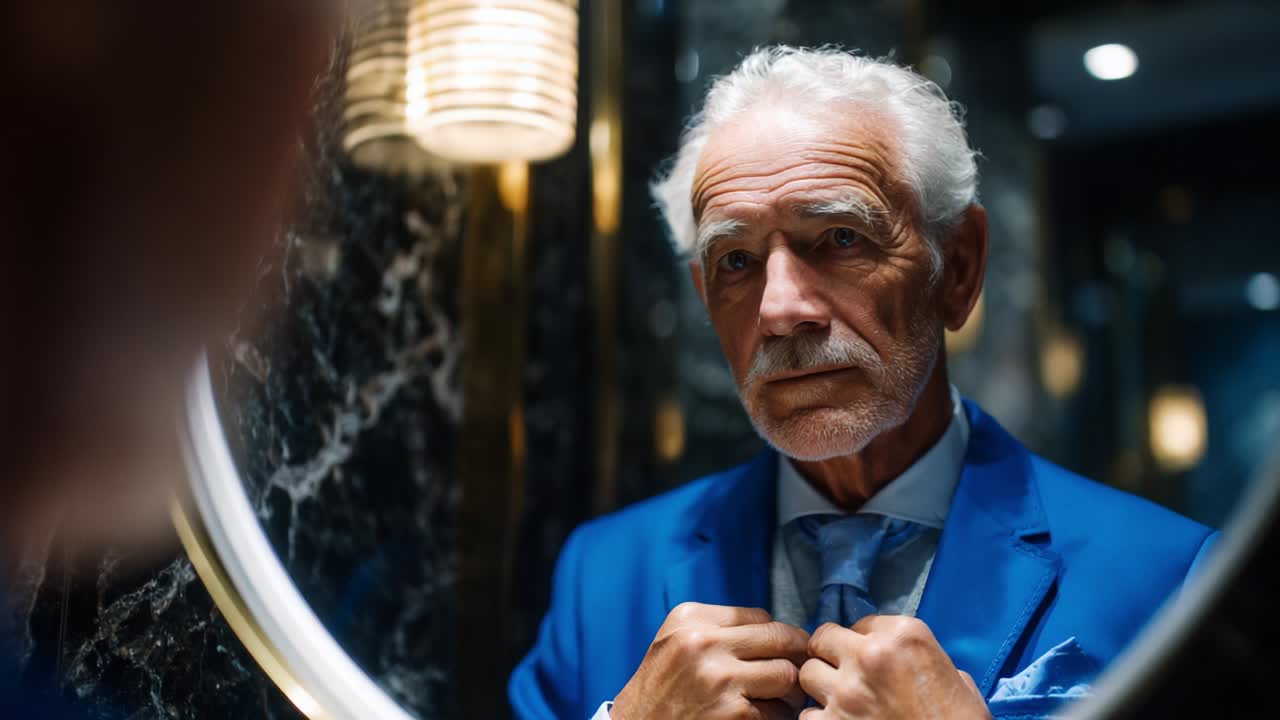 A Distinguished Gentleman Adjusts His Tie while Reflecting in a Mirror, Exuding Elegance and Confidence as He Prepares for a Special Event in a Stylish Setting, Showcasing Timeless Fashion and Poise