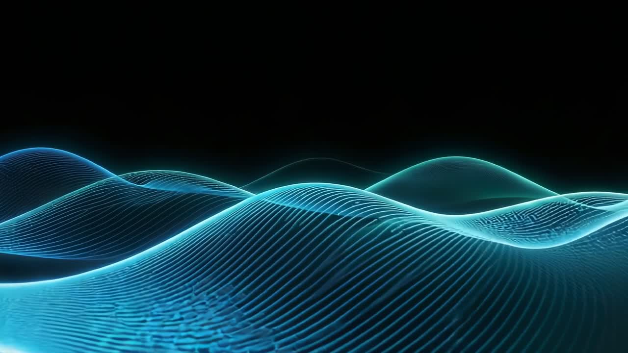 Playback starting, cyan-blue mesh shifting across black void, pulsing along ribbed contours