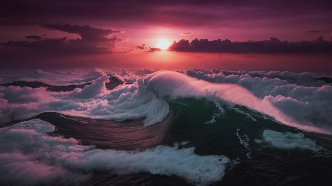 Onda oceanica che si infrange, sollevandosi da una mareggiata in arrivo, creando spruzzi illuminati di rosa per la cinematografia marina.