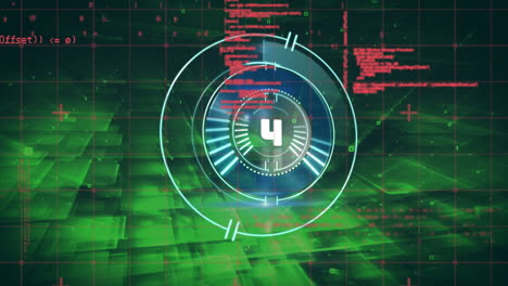 animación digital de la cuenta atrás sobre el escáner redondo de neón contra el procesamiento de datos en fondo verde