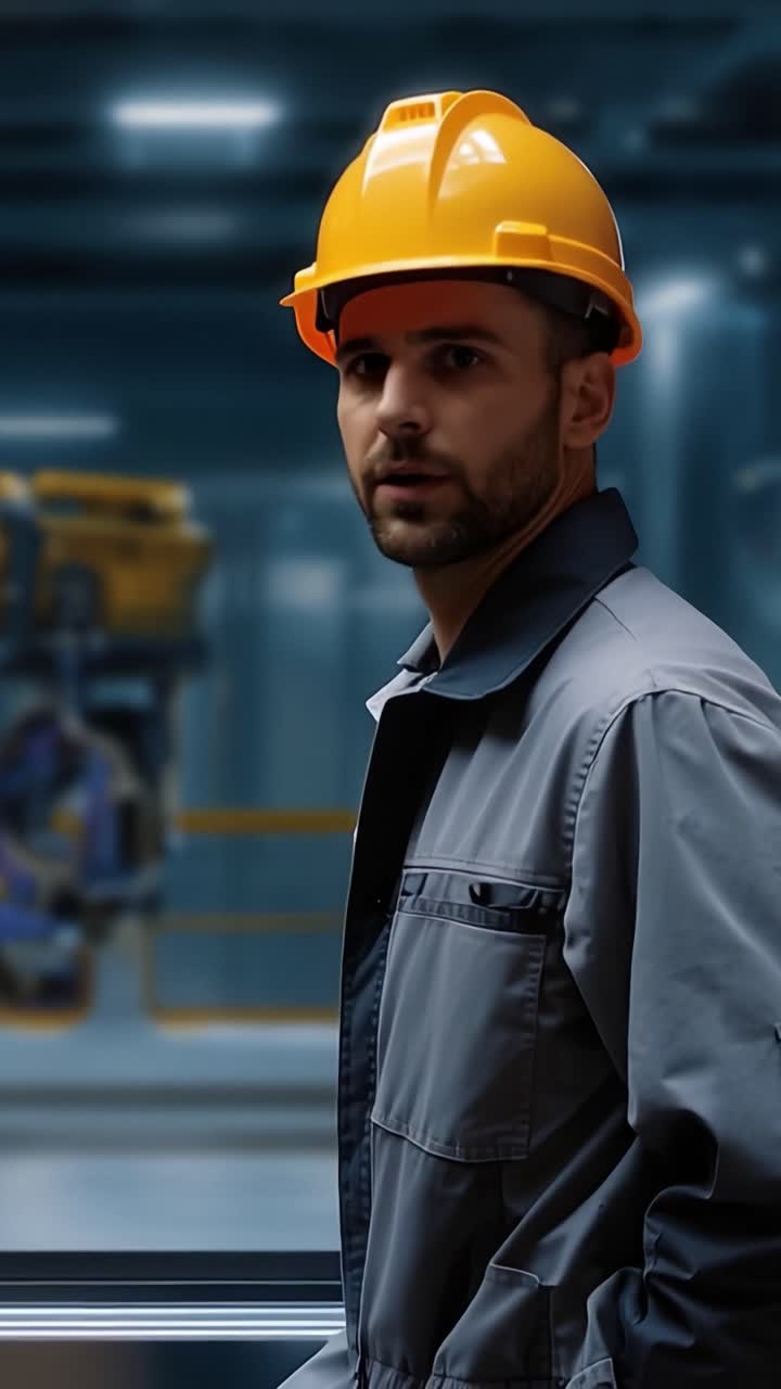 Un lavoratore con elmetto sta vicino a macchinari, concentrato e attento. Guarda intensamente avanti, con gli occhi fissi sulle operazioni industriali. L'uniforme grigia e il casco luminoso contrastano con lo sfondo sfocato.