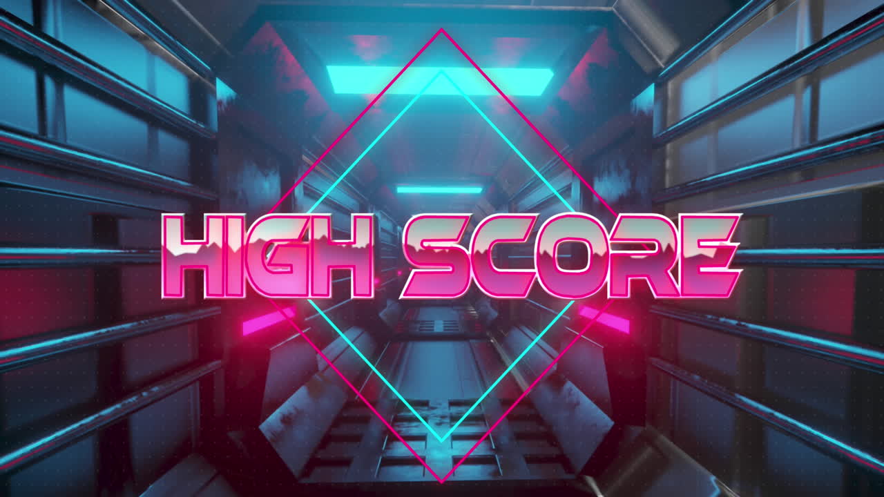 터널에 대한 추상적인 네온 모양 위에 높은 점수 텍스트 배너의 애니메이션