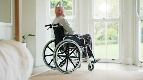 Senior-man,-memory-and-wheelchair-by-window