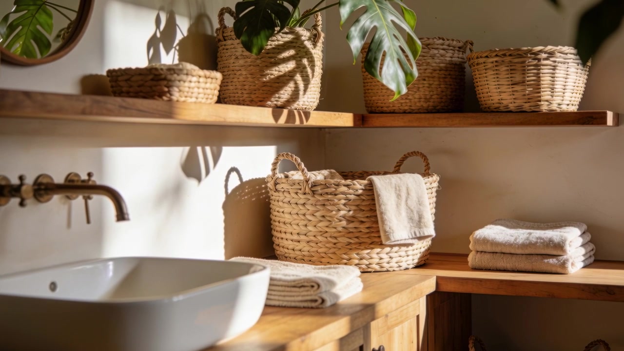 Luce solare che si riversa dalla finestra inondando il mobile del bagno, muovendo le foglie delle piante e proiettando un bagliore sul lavandino e sul rubinetto.