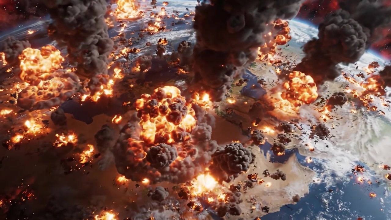 Un cataclysme chaotique : Exploration des scènes dramatiques de destruction apocalyptique sur Terre au milieu d'explosions et d'épais panaches de fumée dans l'espace