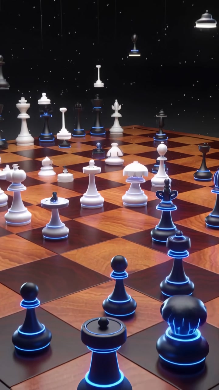Vertical video: Camera moving forward right over oak chessboard, showing falling white, blue pieces
