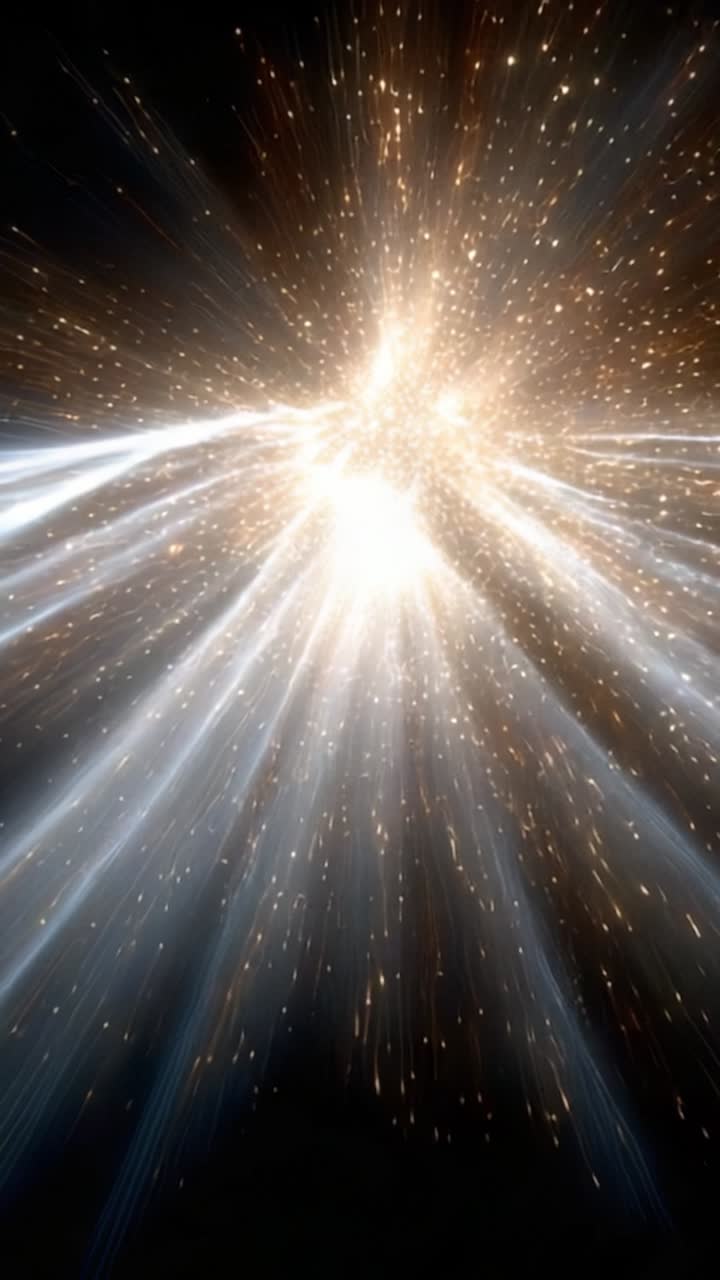 Esplosione dinamica di luce e particelle stellari che trasmette un'esperienza visiva mozzafiato di energia cosmica e bellezza eterea su uno sfondo scuro.