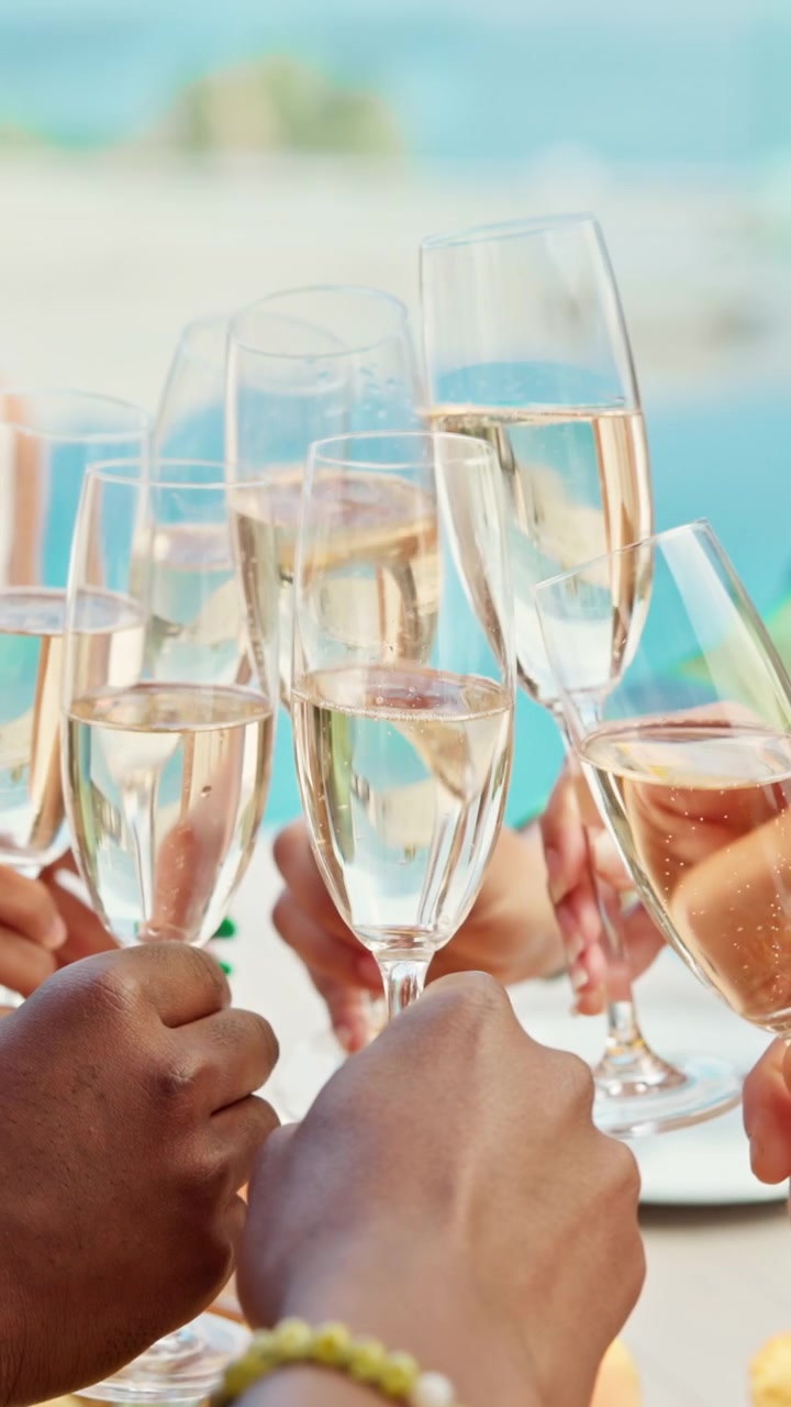 Group of Friends Toasting with Champagne Glasses by a Pool