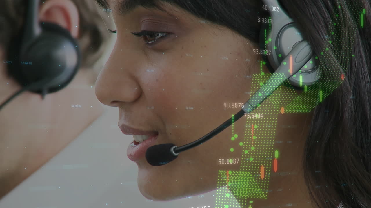 Animation of data processing over business people using phone headsets