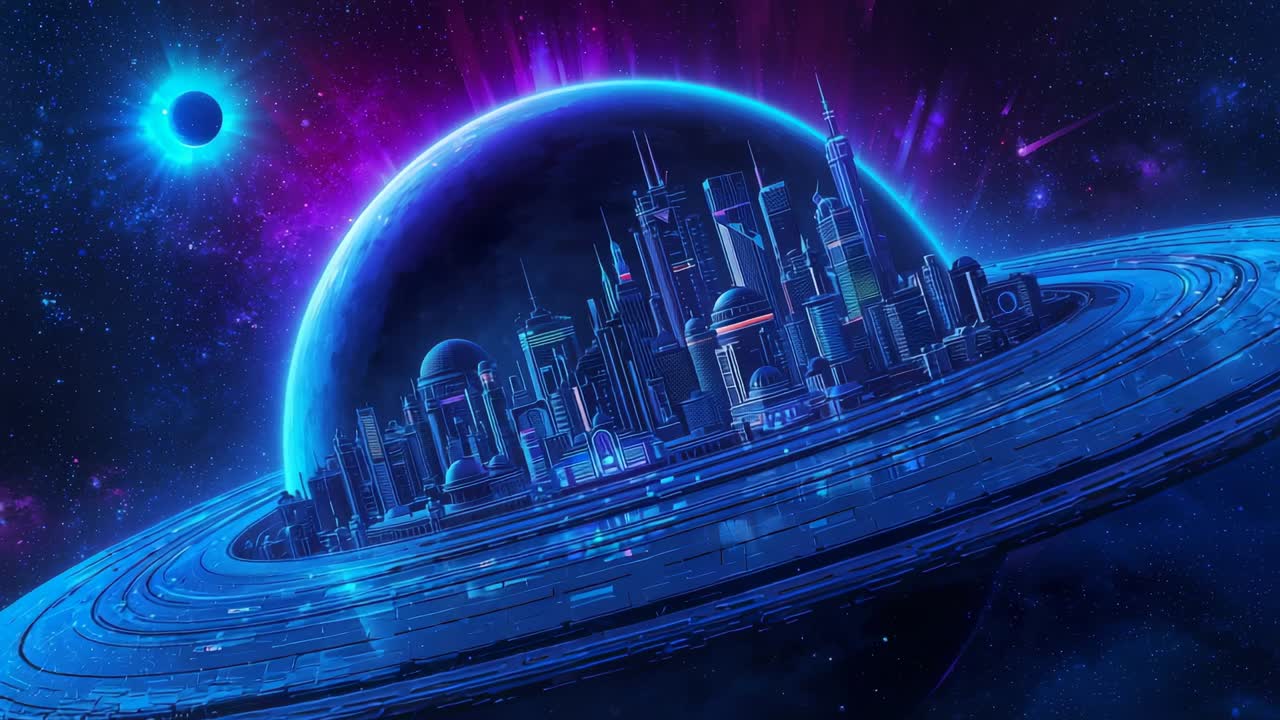 Orbiting shot revealing skyscrapers on ring platform in purple nebula with neon light strips