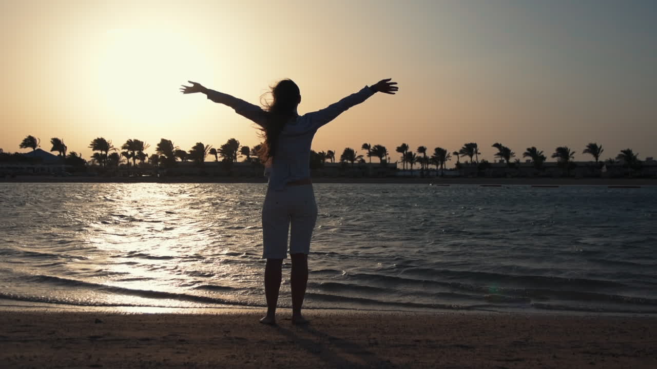 mujer joven levantando las manos en la costa. chica bonita soñando volar en la playa.