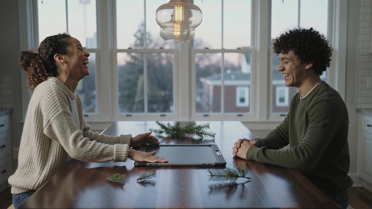 Sliding cream-sweater woman pushing folio toward green-sweater man at home table
