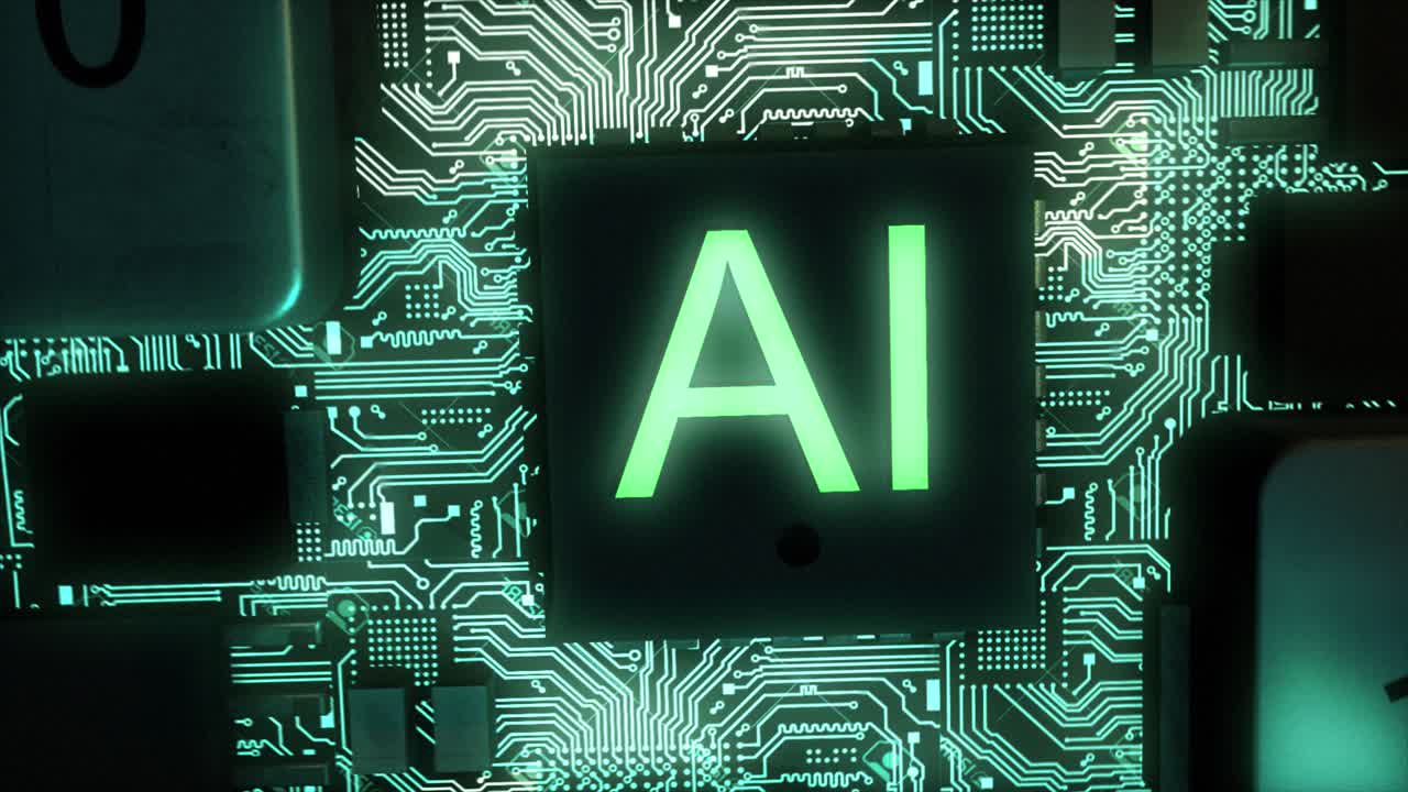 Stunning high quality CGI render of an integrated circuit board featuring green glowing AI text and shining teal circuits, with a smooth clockwise rotation pushing in slowly on the central AI chip