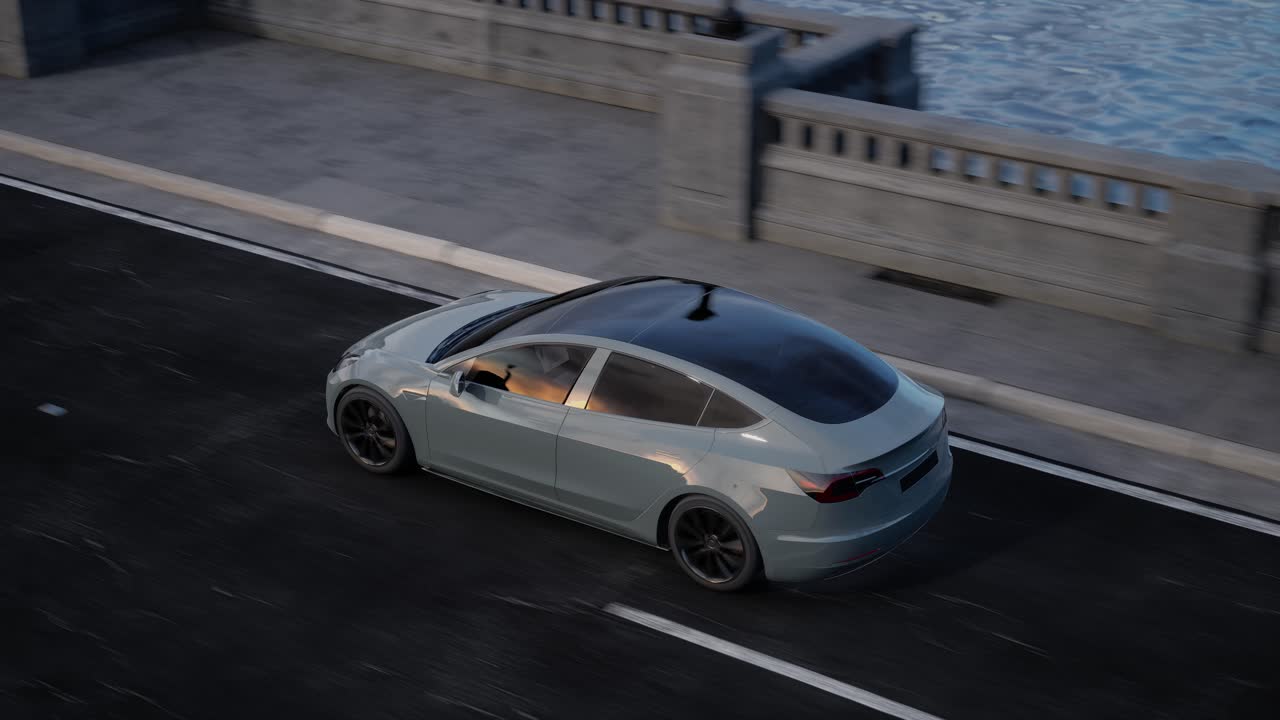 Electric Car on a Bridge at Sunset
