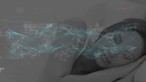 Animation-of-interference-and-dna-strand-over-caucasian-woman-sleeping