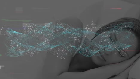 animation of interference and dna strand over caucasian woman sleeping