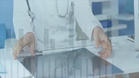 여성 백인 의사가 병원에서 스레이를 검사하는 여러 그래프의 애니메이션