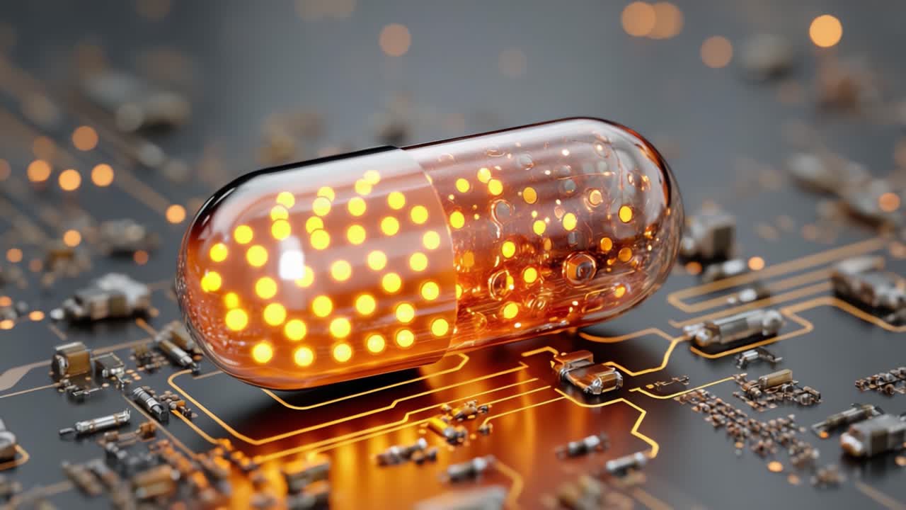 A Close-Up View of a Glowing Capsule on a Circuit Board, Symbolizing the Intersection of Technology and Medicine in a High-Tech Digital Environment
