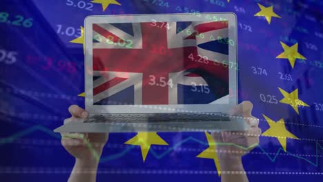 animación del procesamiento de datos sobre la bandera de la ue y el reino unido