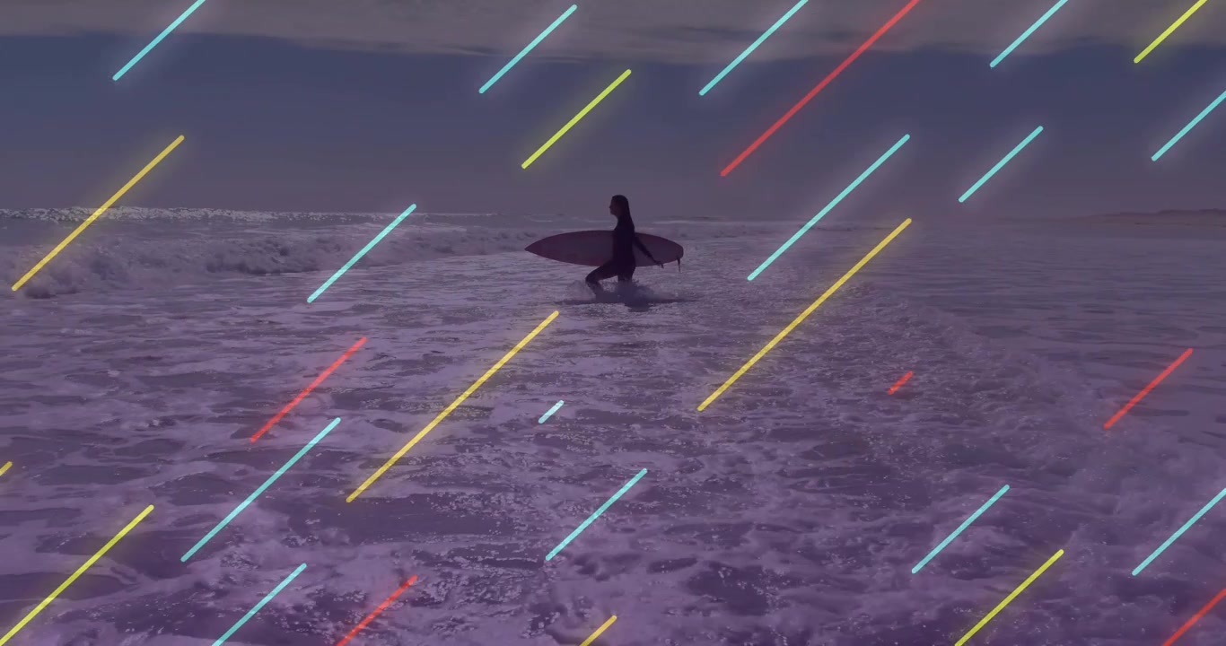 Surfista che si addentra tra le onde, che regola la presa sulla longboard e si prepara a prendere l'onda, con una cornice al neon sovrapposta.