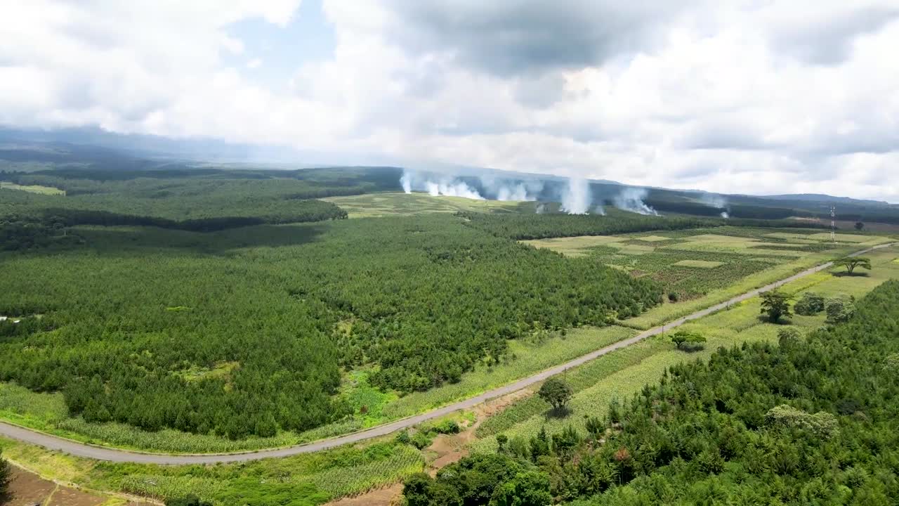 Drone view-Aerial view-Drone raising over the green forest of Kenya. Africa village.