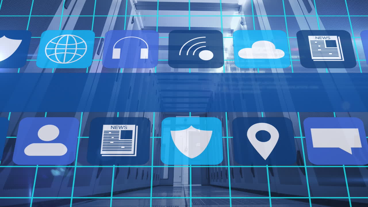 Animation of media icons over server room