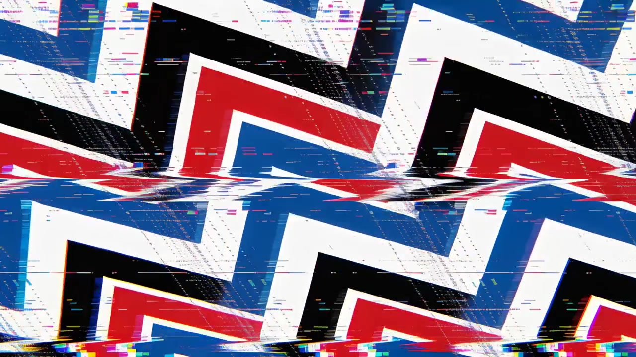 Chevron rosso-blu-nero-bianco che si sposta, reagendo a una banda di glitch che scorre, deformandosi e ritirandosi sullo schermo.