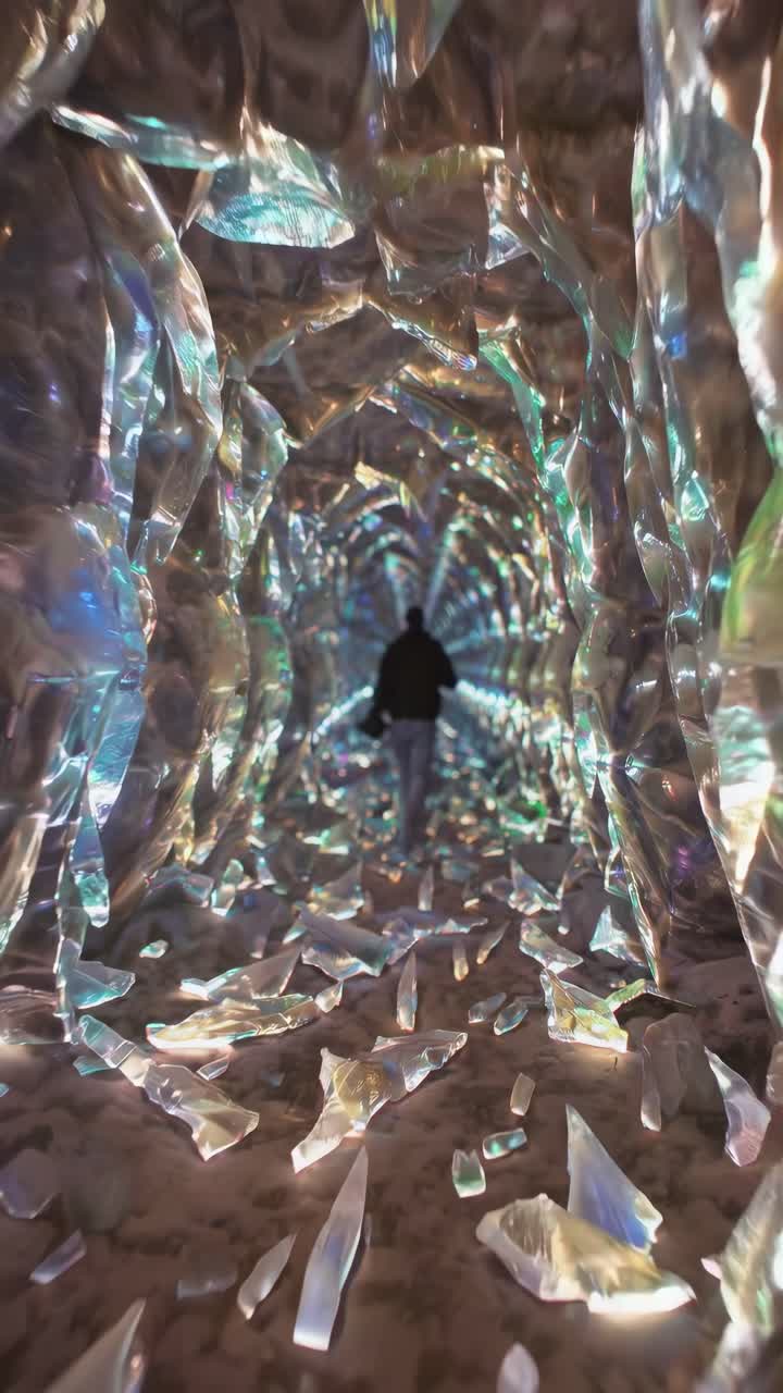 Person Walking Through a Shimmering Crystal Ice Tunnel