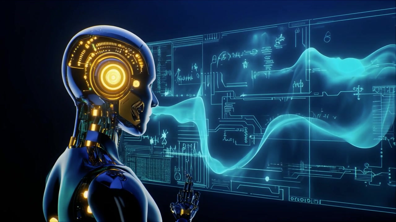 Futuristic Android Interacting with Digital Data Interface