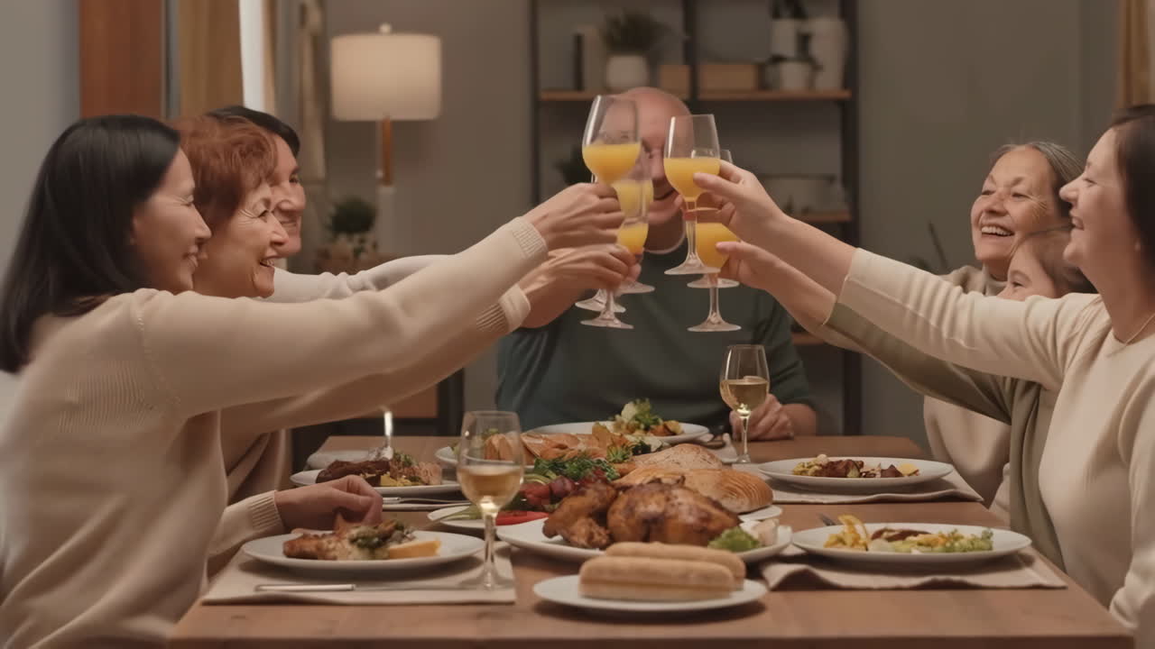 Family celebrating with a toast at dinner | Premium Stock Video Footage