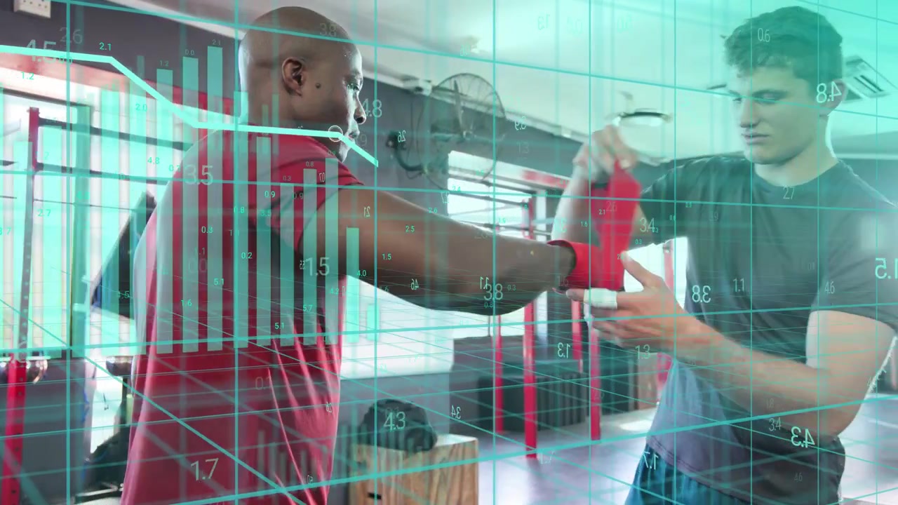 Coach extending red wrap guiding athlete wrapping for boxing taping teal overlaying data on hands