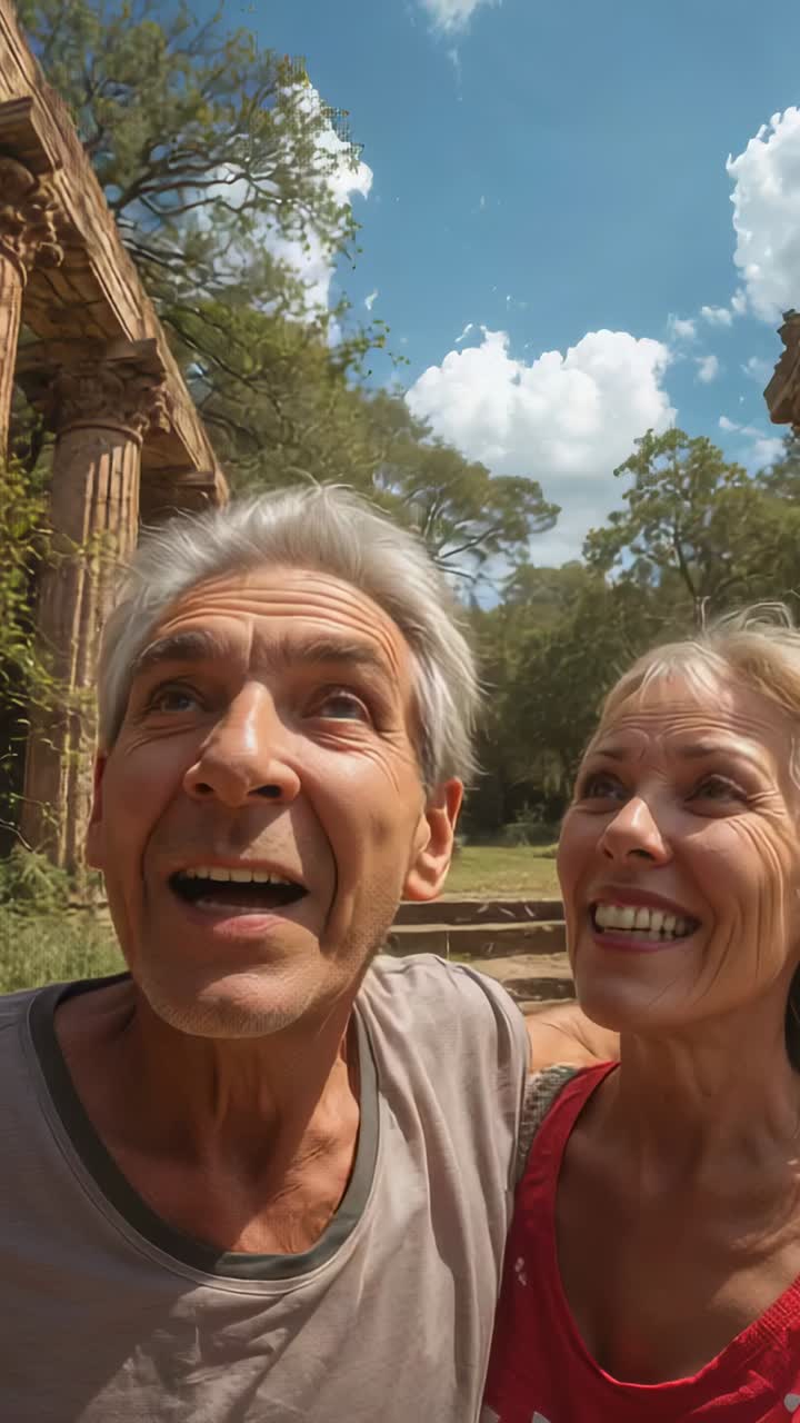 Vertical video: Smiling senior couple posing for phone selfie to save moments at park, woman in red